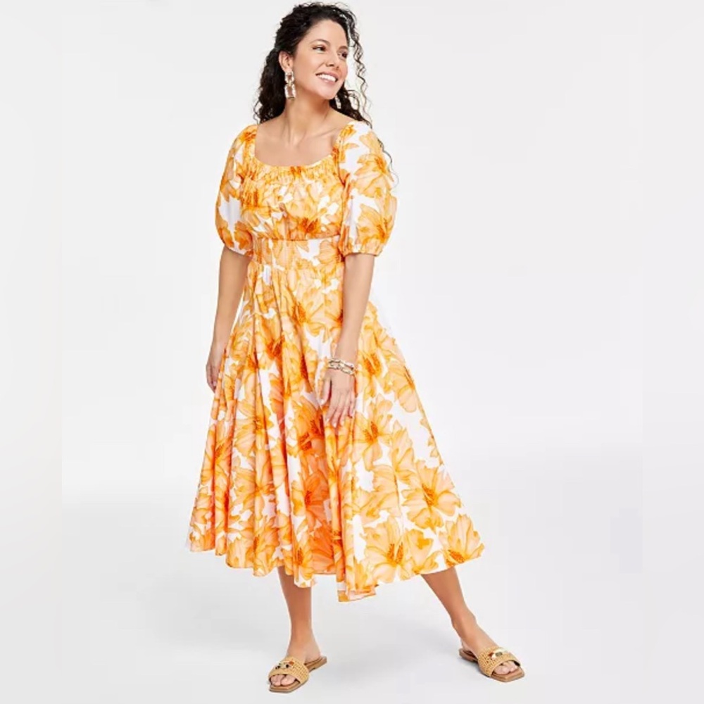 INC International Concepts Orange Yellow Puff Sleeve Midi Dress Cotton